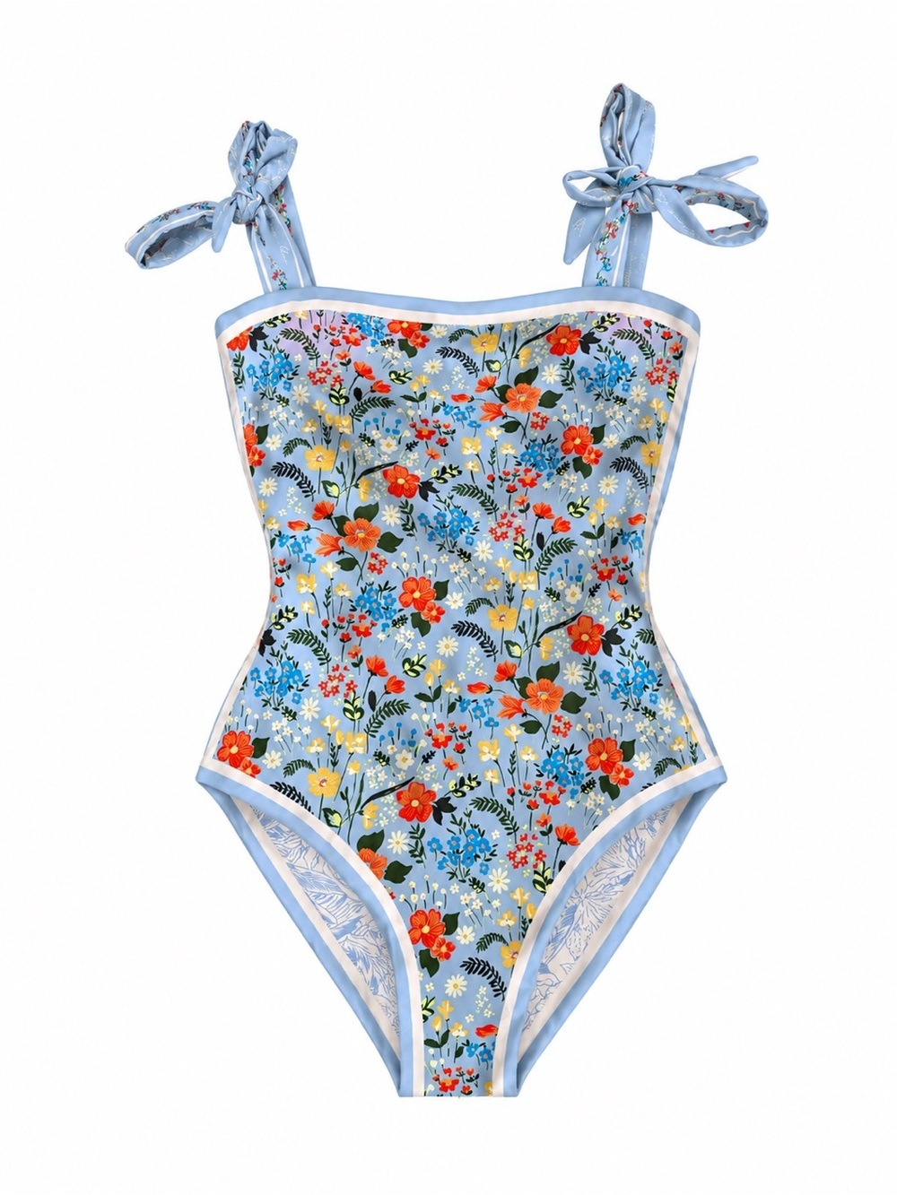Reversible Floral Tie-Shoulder One-Piece Swimsuit - Light Blue